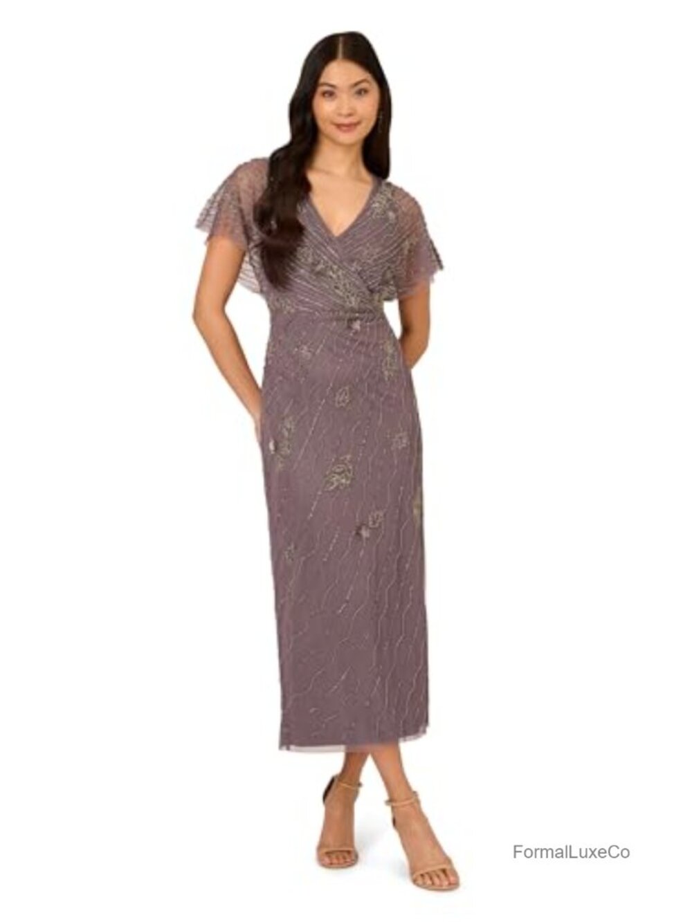 Beaded Flutter Sleeve Formal Long Dress Surplice V-Neck